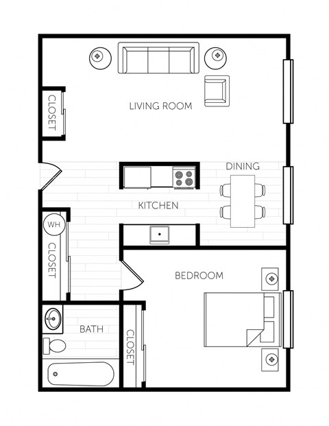 Floor plan for 1 bed, 1 bath, 723 sqft