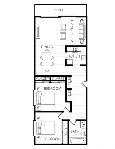 Floor plan for 2 beds, 1 bath, 960 sqft