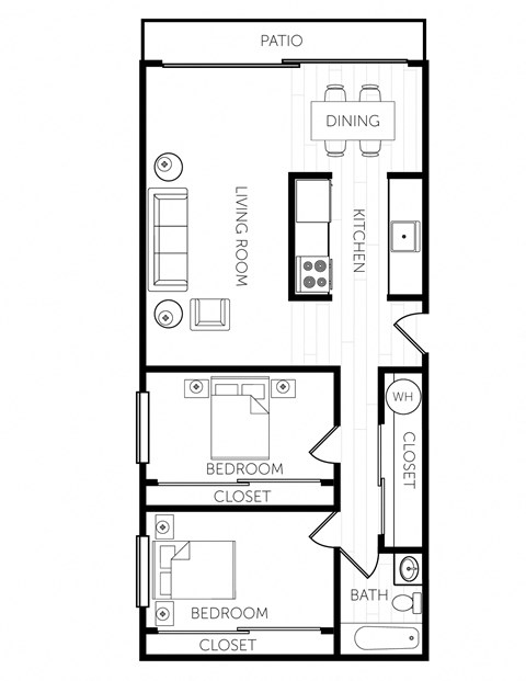 Floor plan for 2 beds, 1 bath, 912 sqft