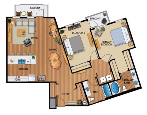 Floor plan for 2 beds, 2 baths, 1371 sqft