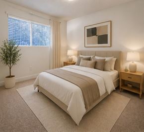 Vancouver apartment for rent - A bedroom with a large bed, two lamps, and a potted plant.