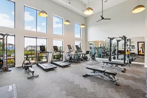 Austin apartment for rent - A spacious gym with a variety of equipment and large windows.