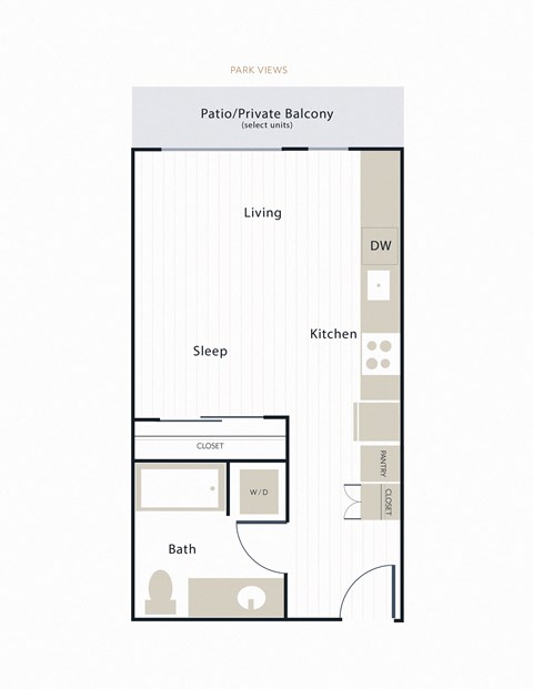 Floor plan for studio, 1 bath, 444 sqft