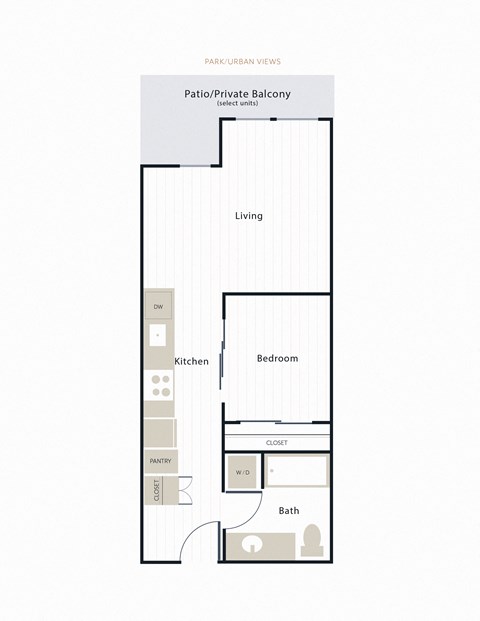 Floor plan for 1 bed, 1 bath, 569 sqft