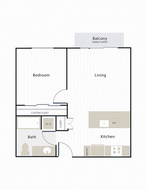 Floor plan for 1 bed, 1 bath, 591 sqft