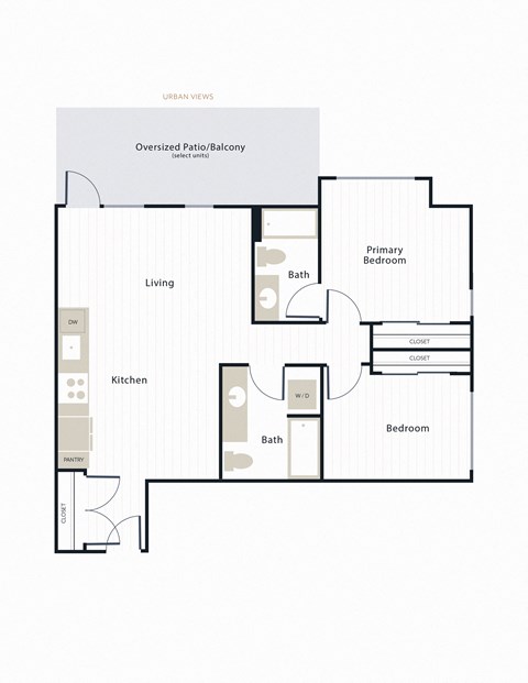 Floor plan for 2 beds, 2 baths, 974 sqft