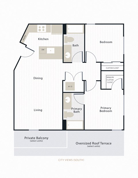 Floor plan for 2 beds, 2 baths, 990 sqft