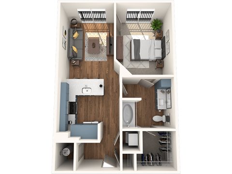 Floor plan for 1 bed, 1 bath, 670 sqft
