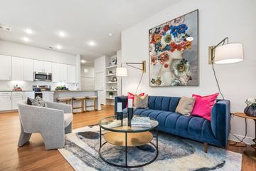 Austin apartment for rent - A living room with a blue couch and a grey armchair.