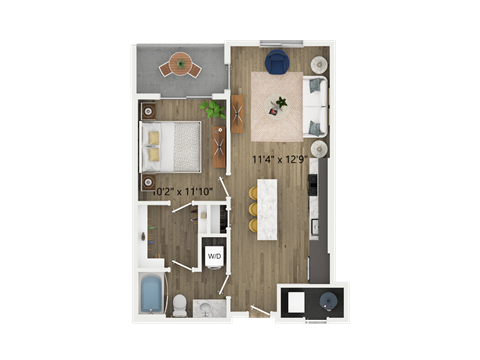 Floor plan for 1 bed, 1 bath, 666 sqft