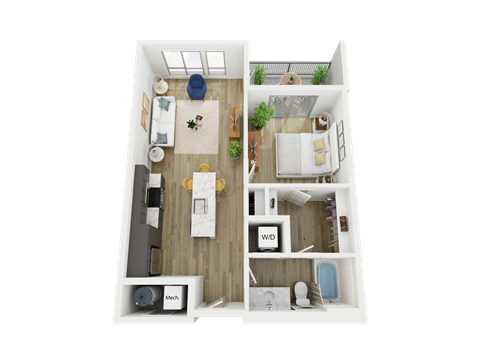 Floor plan for 1 bed, 1 bath, 718 sqft