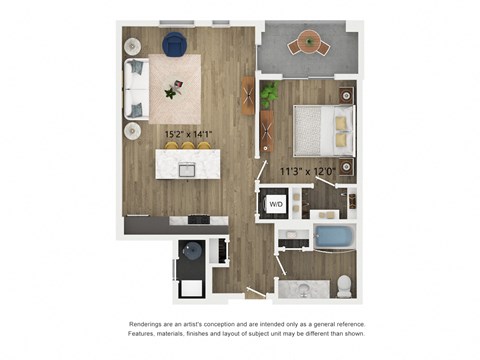 Floor plan for 1 bed, 1 bath, 764 sqft