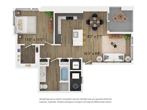 Floor plan for 1 bed, 1 bath, 831 sqft