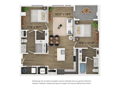 Floor plan for 2 beds, 2 baths, 1042 sqft