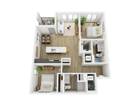 Floor plan for 2 beds, 2 baths, 1048 sqft