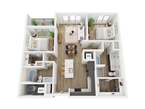 Floor plan for 2 beds, 2 baths, 1083 sqft