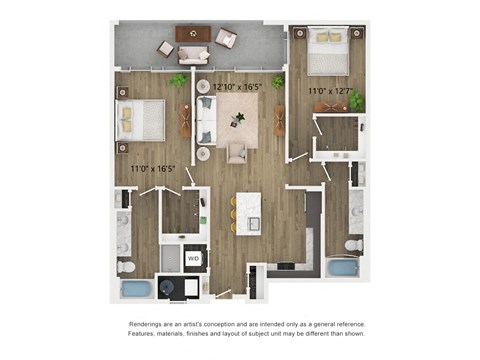 Floor plan for 2 beds, 2 baths, 1263 sqft