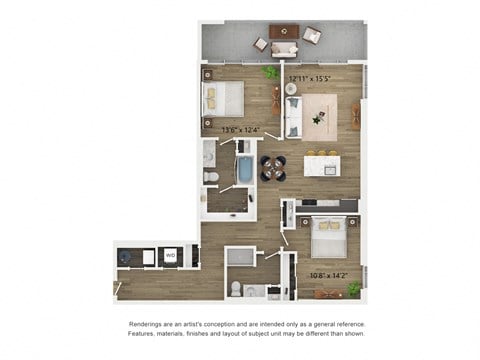 Floor plan for 2 beds, 2 baths, 1292 sqft