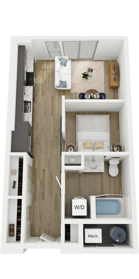 Floor plan for studio, 1 bath, 594 sqft