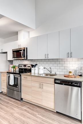 Bothell apartment for rent - A modern kitchen with a stainless steel dishwasher and oven.