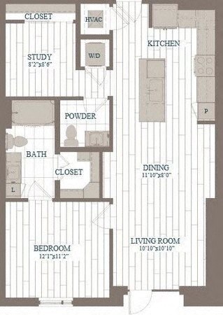 Floor plan for 1 bed, 1.5 baths, 918 sqft