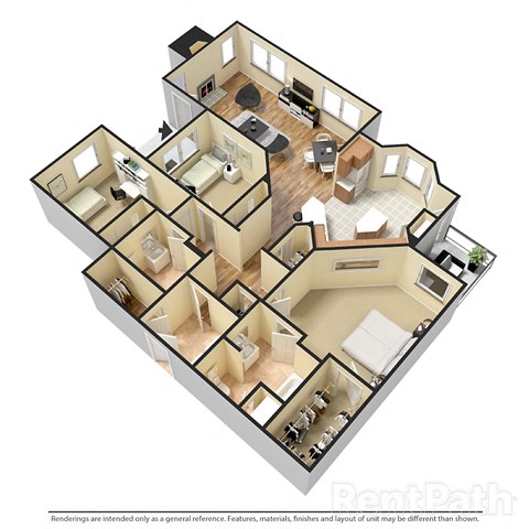 Floor plan for 3 beds, 2 baths, 1365 sqft