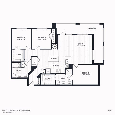 Floor plan for 3 beds, 2 baths, 1496 sqft