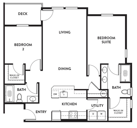Floor plan for 2 beds, 2 baths, 1030 sqft