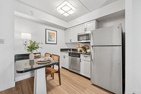 Dallas apartment for rent - A kitchen with a table and chairs and a refrigerator.
