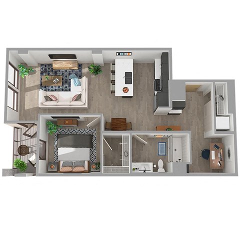 Floor plan for 1 bed, 1 bath, 843 sqft