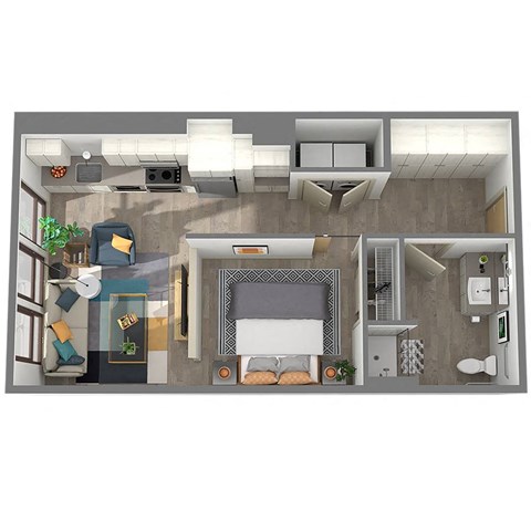 Floor plan for 1 bed, 1 bath, 599 sqft