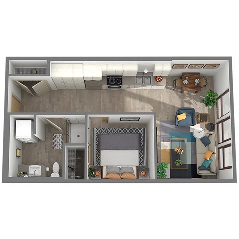 Floor plan for 1 bed, 1 bath, 597 sqft