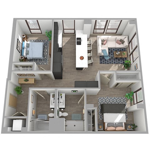 Floor plan for 2 beds, 2 baths, 1087 sqft