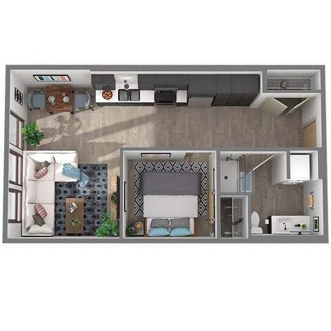 Floor plan for 1 bed, 1 bath, 602 sqft