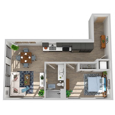 Floor plan for 1 bed, 1 bath, 770 sqft