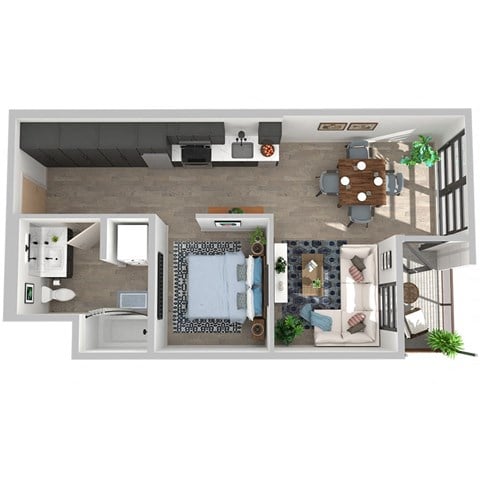 Floor plan for 1 bed, 1 bath, 597 sqft