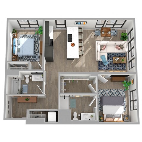 Floor plan for 2 beds, 2 baths, 1069 sqft