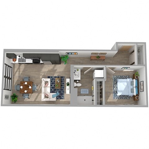 Floor plan for 1 bed, 1 bath, 739 sqft
