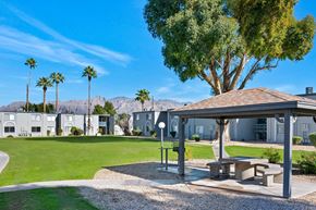 Tucson apartment for rent - A pavilion with a picnic table is in the foreground of a residential area with houses and palm trees in the background.