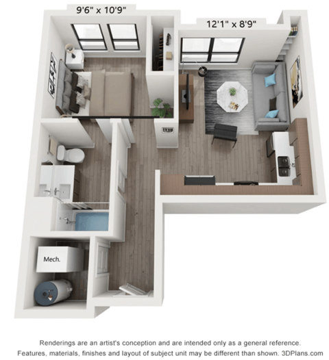 Floor plan for 1 bed, 1 bath, 594 sqft