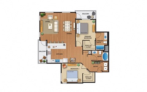 Floor plan for 2 beds, 2 baths, 1257 sqft