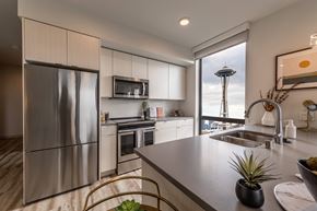 Seattle apartment for rent - A modern kitchen with a stainless steel refrigerator and a view of the Seattle Space Needle.