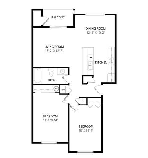 Floor plan for 2 beds, 1 bath, 995 sqft