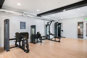 Salt Lake City apartment for rent - A gym with a variety of equipment including a treadmill, a stationary bike, a rowing machine, a bench press, and a squat rack.