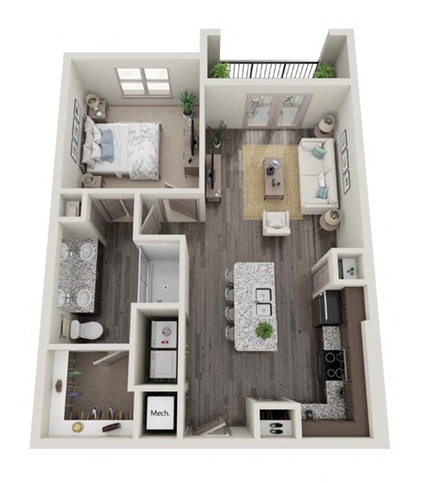 Floor plan for 1 bed, 1 bath, 772 sqft