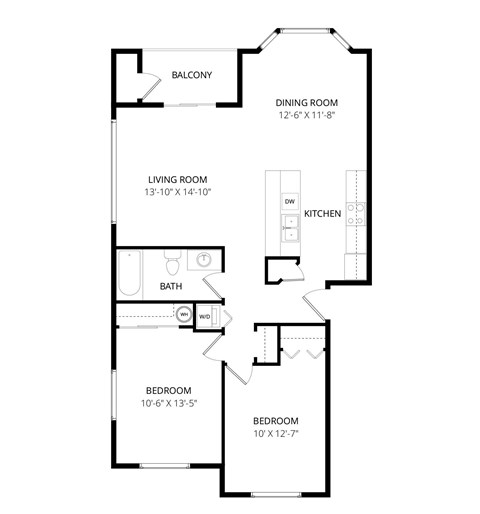 Floor plan for 2 beds, 1 bath, 1028 sqft