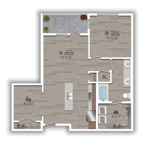 Floor plan for 1 bed, 1 bath, 828 sqft