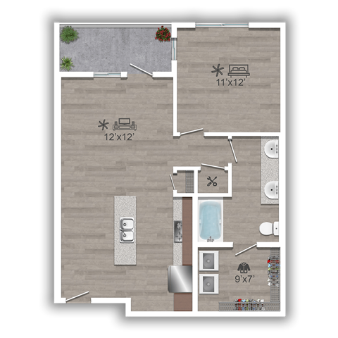 Floor plan for 1 bed, 1 bath, 724 sqft