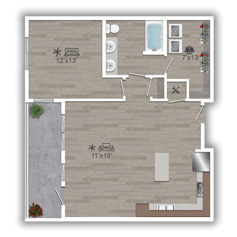Floor plan for 1 bed, 1 bath, 836 sqft