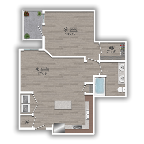 Floor plan for 1 bed, 1 bath, 734 sqft